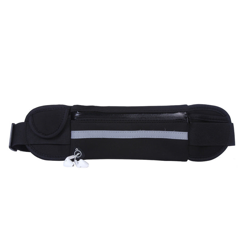 RunOrFit Flex Belt in black, laid flat, showing the zip pocket and the reflective strip