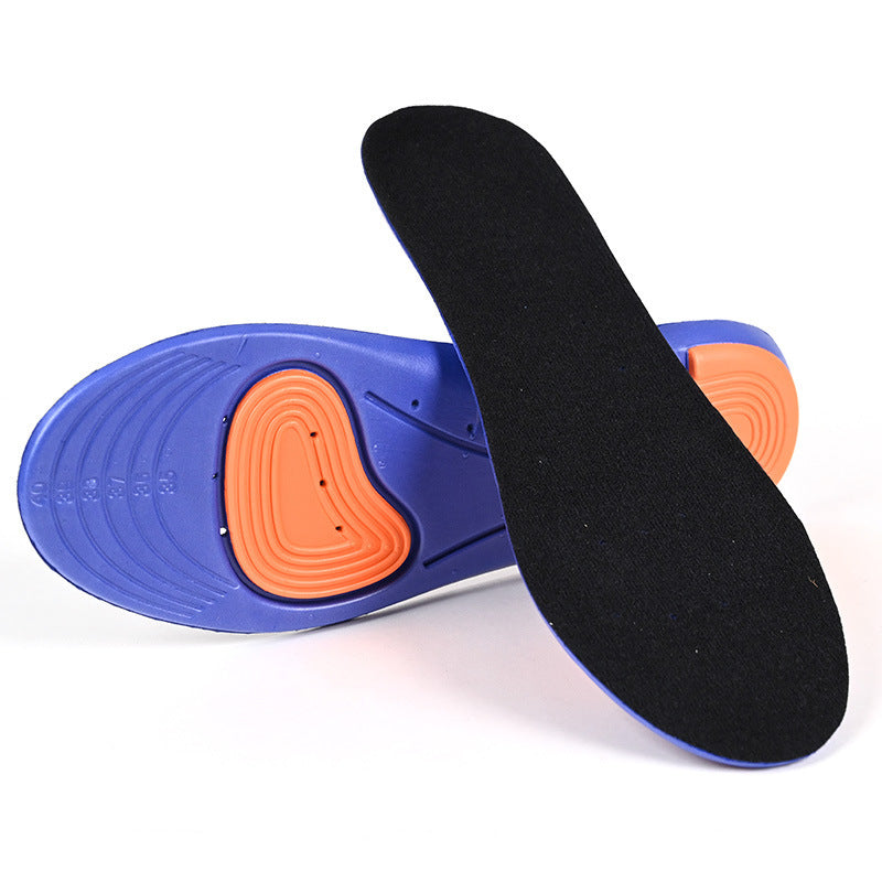 A pair of RunOrFit insoles, one turned over to show the black top cover